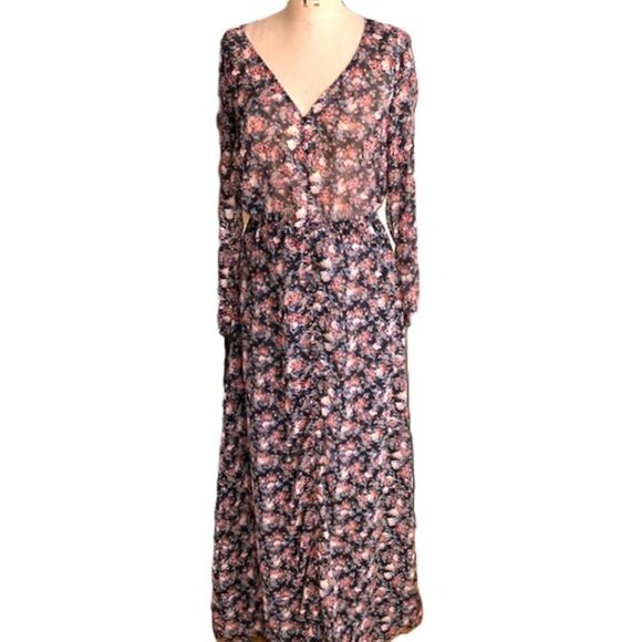 Zara maxi dark floral print chiffon long sleeve dress - Picture 1 of 16